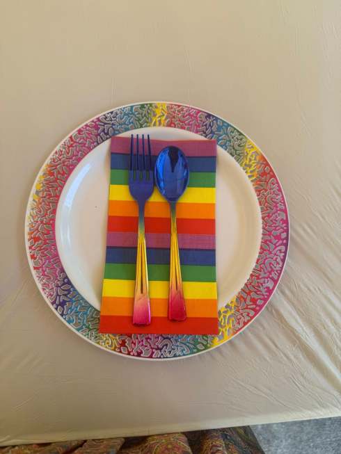 Place Setting in Pride colors from our handfasting reception.